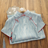 俏娘鱼复古风改良蓝色格子旗袍2024年春气质优雅日常穿年轻款 蓝色(裙长109左右) M