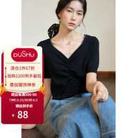 独束大码女装简约V领褶皱T恤女夏装微胖mm立体正肩经典显瘦上衣 黑色 2