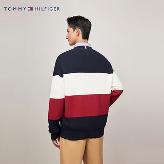 TOMMY HILFIGER【纯棉拼色】24秋冬男休闲通勤圆领打底针织衫78JA826 藏青红白条纹FAP XS