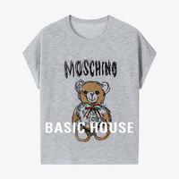 百家好（Basic House）夏季纯色休闲百搭可爱小熊短袖圆领针织衫 灰色 M