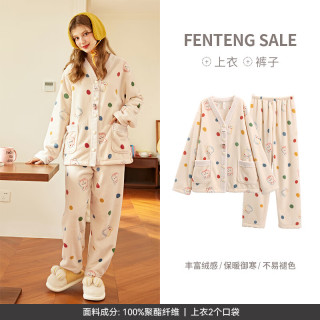 芬腾珊瑚绒亲子睡衣女秋冬季保暖加绒法兰绒中大童女孩家居服套装 FJ2490597米杏 160/M