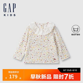 Gap女童2024初秋花边娃娃领刺绣logo长袖T恤儿童装上衣644009 象牙白印花 130cm (8-9岁) 亚洲尺码