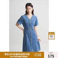 独束大码女装复古收腰显瘦牛仔连衣裙微胖MM夏季简约气质V领A字裙 丹宁蓝 3