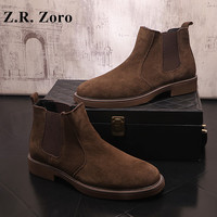 Z.R.Zoro品牌切尔西靴男秋冬复古马丁靴男士英伦尖头高帮皮鞋套筒休闲短靴 棕色高帮单鞋 38