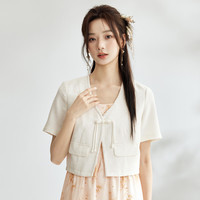 茵曼(INMAN)新中式气质盘扣短袖外套女2024夏季小香风时尚通勤外搭上衣 浅米色