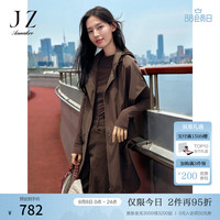 玖姿·安娜蔻摩登复古设计感连肩袖抽绳风衣外套女装2024秋季 深咖啡 L