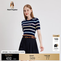 Hush Puppies暇步士女装秋彩虹条纹修身显瘦纯棉针织短袖 196深蓝 S