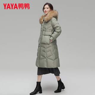 YAYA鸭鸭羽绒服女中长款过膝冬季时尚大毛领加厚保暖气质外套DL 豆绿色DYH36B0140 170/92A