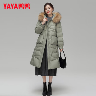 YAYA鸭鸭羽绒服女中长款过膝冬季时尚大毛领加厚保暖气质外套DL 豆绿色DYH36B0140 170/92A