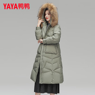 YAYA鸭鸭羽绒服女中长款过膝冬季时尚大毛领加厚保暖气质外套DL 豆绿色DYH36B0140 170/92A