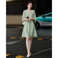 德玛纳 dme【红炉点雪】夏法式V领仿麻烧花中袖印花包容藏肉连衣裙女中长款