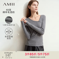 AMII2024早秋气质通勤斜V领不对称斜襟套头毛衣女修身显瘦上衣 花灰 155/80A/S