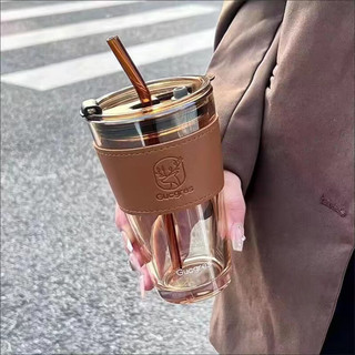 NSYCA带吸管玻璃水杯咖啡杯高颜值带皮套灰色小鹿双饮杯 450ml 灰色杯子+灰色杯套+吸管 默认项