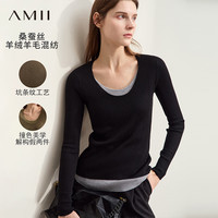 AMII2024早秋通勤舒适时尚假两件拼接U领长袖毛衣女显瘦12443034 黑色 165/88A/L