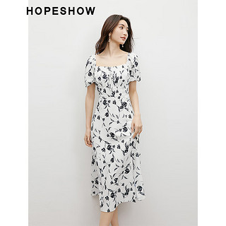 HOPESHOW 红袖 端庄大气连衣裙夏季2024新款女装收腰方领显瘦碎花裙 米底黑花670 L