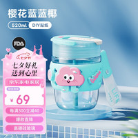 物生物（RELEA）水杯高硼硅玻璃杯360ml杯子女士咖啡杯吸管杯 樱花蓝蓝椰360ml【一杯双饮】