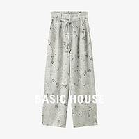 Basic House/百家好新中式冰丝休闲裤国风印花高腰阔腿长裤夏 米灰花 L