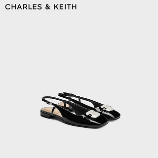 CHARLES&KEITH24秋季SL1-71790037金属扣浅口真皮方头凉鞋女 Black Patent黑色 35