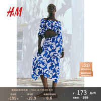 H&M女装半身裙2024夏季小个子时尚印花高腰中长半身裙1226811 亮蓝色/图案 170/88