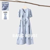 Basic House/百家好夏日休闲系带收腰显瘦优雅气质V领短袖连衣裙 蓝色