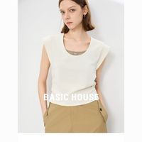 Basic House/百家好假两件短袖T恤2024夏季纯欲风收腰女上衣