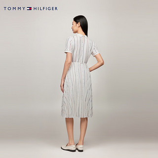 TOMMY HILFIGER24早秋女装休闲拼色竖条纹系带收腰POLO连衣裙43430 白色条纹01S XL