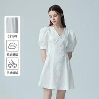 MB春夏女士V领连衣裙时髦泡泡袖温柔气质A字裙初恋白色短裙