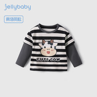 JELLYBABY男童假两件条纹T恤婴幼内搭户外露营上衣打底衫卡通印花拼接衣服