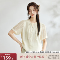茵曼（INMAN）新中式国风盘扣短袖衬衣女2024夏季文艺气质高级感薄款衬衫 杏色