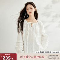 茵曼(INMAN)纯棉法式灯笼袖白衬衣女2024夏季荷叶边拼接时尚气质长袖衬衫 米白色
