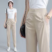 微浪 冰丝休闲裤子女夏季薄款2022新款韩版高腰宽松裤哈伦直筒裤长裤女 卡其色
