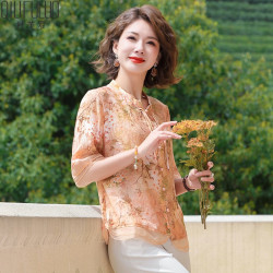 qiufuluo秋芙罗妈妈装夏装休闲碎花短袖衬衫t恤中老年人女装国风宽松