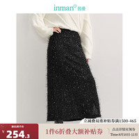 茵曼（INMAN）流苏珠片闪闪开衩半身裙2024秋季女装高腰直筒显瘦包臀裙 午夜黑 L