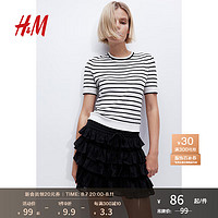 HM H&M2024夏季新款女装时尚休闲百搭柔软细密针织T恤1232470 奶油色/条纹 160/88