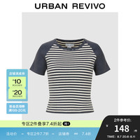 UR2024秋季新款女时尚休闲撞色坑条插肩短袖针织衫UWL940086 蓝色条纹