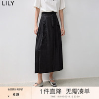 丽丽 LILY2024秋新款暗色提花缎面围裹式绑带高腰半身裙女 510黑