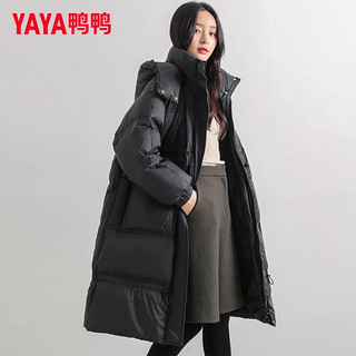 鸭鸭（YAYA）羽绒服女中长款2024年冬季韩版过膝可拆卸连帽时尚羽绒外套 黑色 M