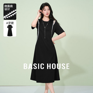 百家好（Basic House）Basic House/百家好撞色休闲百搭夏季优雅气质设计感短袖连衣长裙 黑色 M