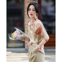 德玛纳 dme【淡淡的优雅】夏淑女木耳边绑带衬衫温润雪纺印花遮肉衬衣女上衣