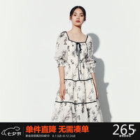 太平鸟女装夏季法式撞色系带连衣裙长袖印花蛋糕裙女 黑色纹样 S