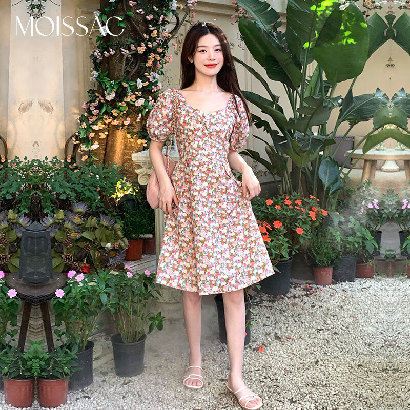 MOISSAC/摩萨克 新款玫瑰碎花印花甜美泡泡袖浪漫连衣裙女 花粉绿