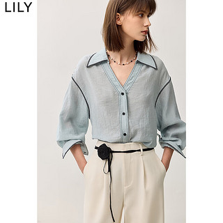 丽丽 LILY2024秋女装时尚撞色边设计感肌理感V领通勤简洁百搭衬衫 401蓝色 M