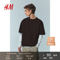 H&M男装T恤2024夏季新款宽松休闲汗布棉质圆领短袖上衣1035207 深棕色 1