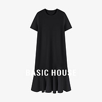 百家好（Basic House）纯色百搭夏季休闲优雅气质感短袖连衣长裙B0624A5Z472 黑色 M