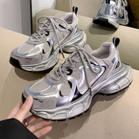 瑜尚臻品复古老爹鞋女夏季网面运动鞋厚底增高透气休闲鞋百搭款女士鞋子 银色 37