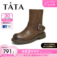 他她(TATA)复古加绒短靴女靴子休闲弹力机车靴2024冬季CFC01DZ4 啡色(单里) 35