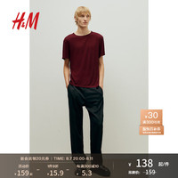 H&M男装2024夏季时尚简约修身圆领T恤1241749 酒红色 175/100