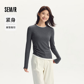 森马（Semir）长袖T恤女收腰假两件不规则2024紧身开叉秋装 深花灰00120 L 165/88A