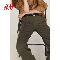 H&M2024秋季新款女装小个子时尚休闲百搭斜纹布低腰长裤1237315 深卡其绿 1