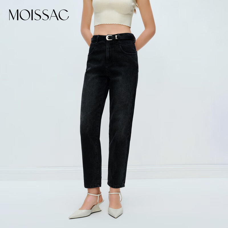 MOISSAC摩萨克 新品棉混纺老爹裤显瘦休闲牛仔直筒长裤女 素黑